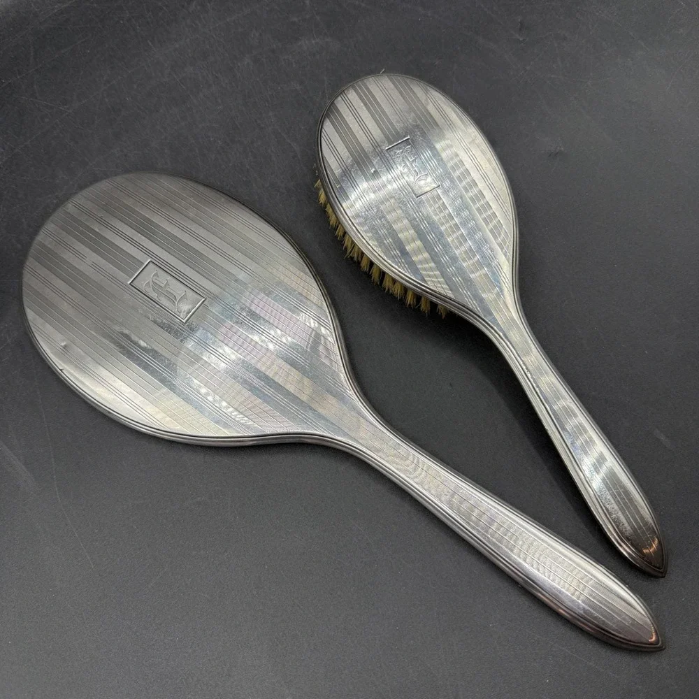 Vintage Sterling Silver Vanity Set 1940's Women‎ Monogrammed E Art Deco Boho
